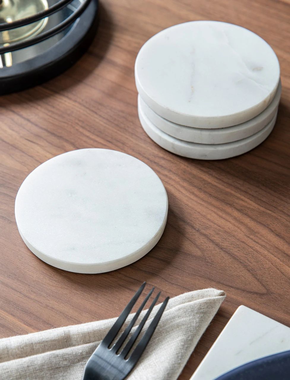 Set Of 4 Round Marble Coasters - White 1 Set Of 4 Round Marble Coasters - White